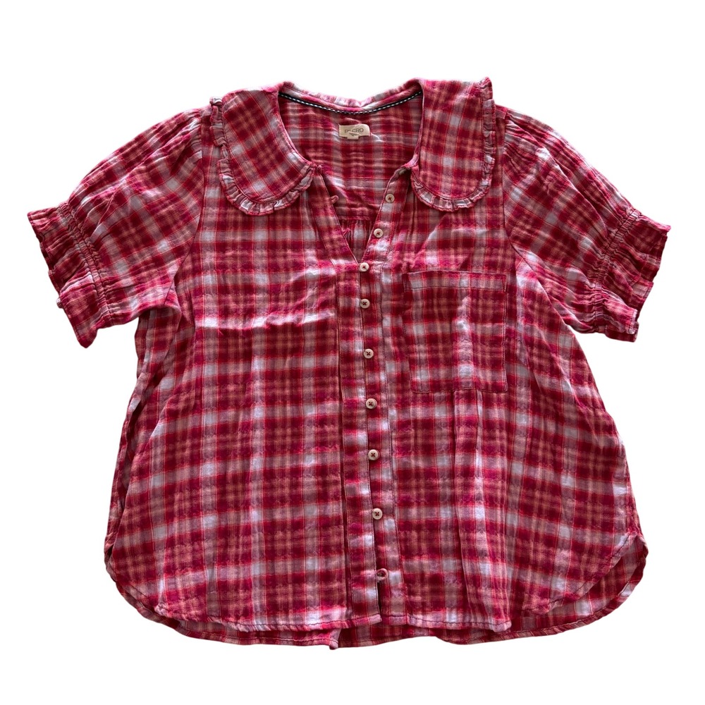 Pilcro Red Pink Plaid Ruffle Peter Pan Collar Button Down Blouse Large